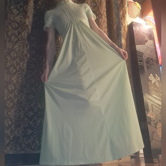 Vintage 70s Maxi Prom Dress Seafoam Pastel Green Lace trim babydoll Flare - Picture 12 of 12